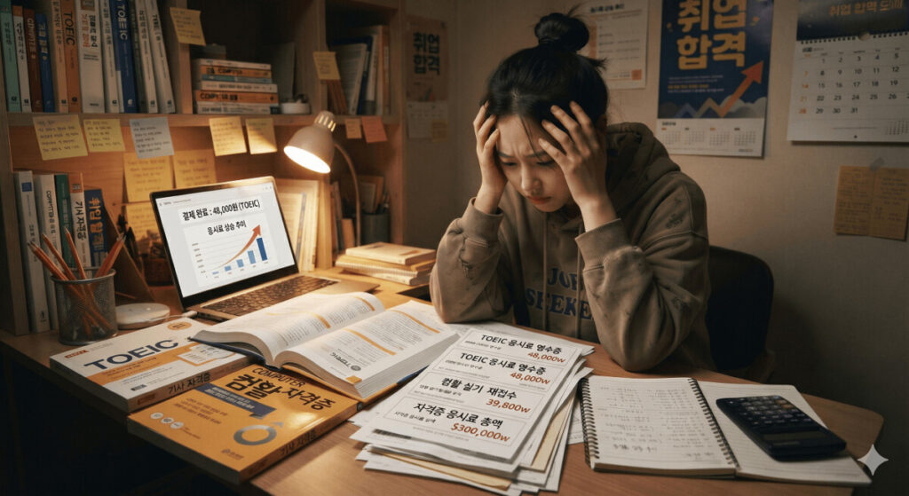 "어두운 방 안, 책상 앞에 앉아 머리를 감싸 쥐고 괴로워하는 여성 취업 준비생의 모습. 책상 위에는 'TOEIC'과 '컴퓨터 컴활 자격증' 교재가 놓여 있고, 그 앞에는 토익 응시료와 컴활 실기 재접수 비용 등이 적힌 여러 장의 영수증과 계산기가 쌓여 있다. 노트북 화면에는 빨간색 상승 곡선 그래프와 함께 '응시료 상승 추이'라는 문구가 띄워져 있어, 계속 오르는 시험 비용에 경제적 부담을 느끼는 취준생의 현실을 보여준다."