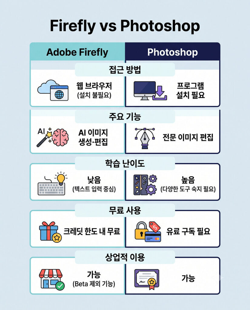 어도비 파이어플라이와 포토샵의 핵심 차이점을 한눈에 비교하는 세로형 인포그래픽 이미지입니다. 웹 브라우저 기반의 간편한 AI 이미지 생성 기능을 제공하는 파이어플라이와, 프로그램 설치가 필요하지만 전문적인 레이어 수정 및 정밀 편집이 가능한 포토샵의 특징을 접근성, 난이도, 상업적 이용 등 모듈형 수직 구조로 명확하게 대조하여 설명하고 있습니다.