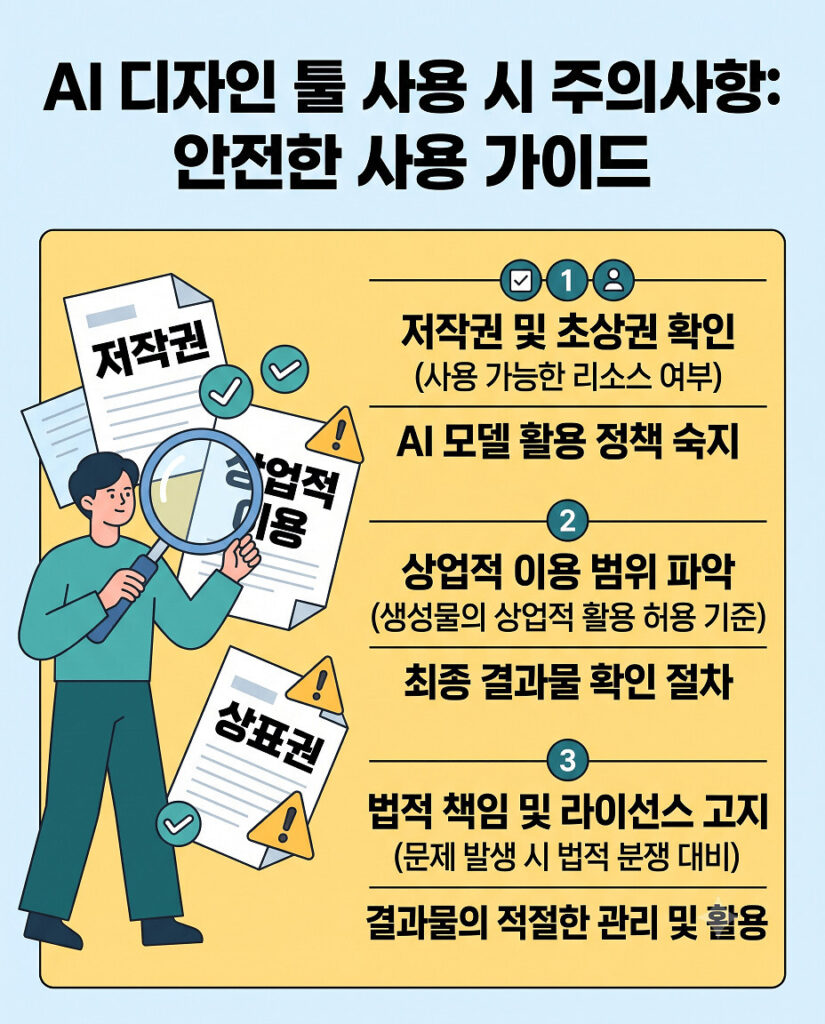 노란색 배경에 한 사람이 돋보기로 저작권 및 상업적 이용 문구가 적힌 서류를 꼼꼼히 검토하고 있으며, 각 항목 옆에는 ✅ 체크와 ⚠️ 주의 표시가 직관적으로 배치되어 안전한 가이드를 제공합니다.