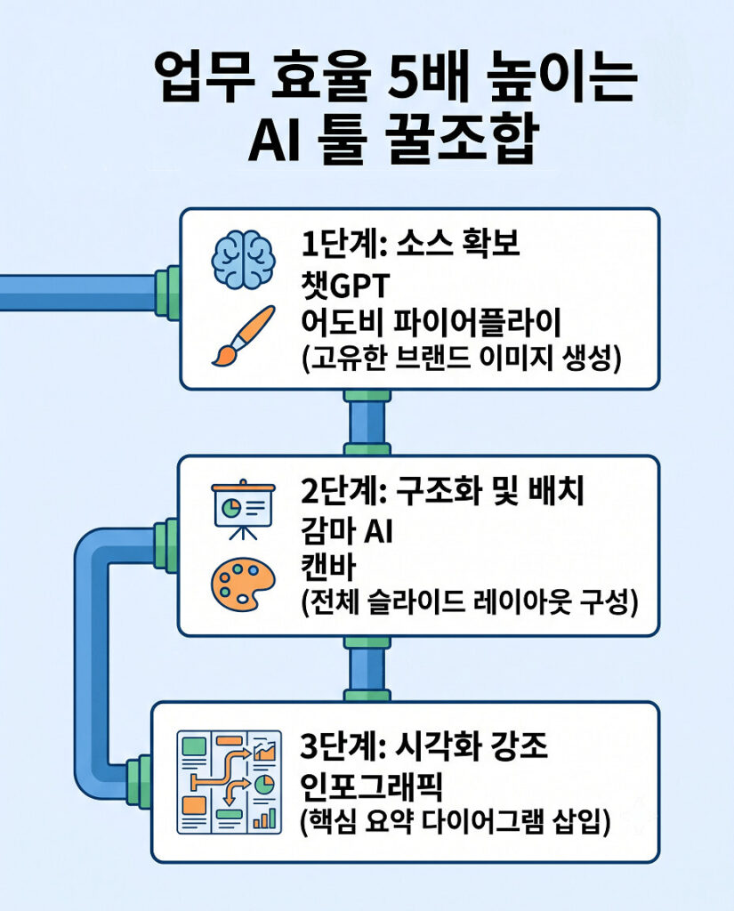 무료 AI 이미지 생성을 위한 꿀조합. 챗GPT와 어도비 파이어플라이를 활용한 소스 확보, 감마 AI와 캔바를 활용한 구조화 및 배치, 냅킨 AI를 통한 시각화 강조 단계를 '연결된 파이프라인' 콘셉트로 보여줍니다.
