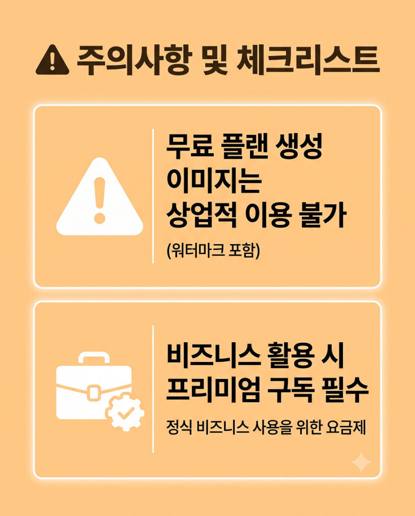 경고를 나타내는 연한 주황색 배경의 세로형 인포그래픽 이미지입니다. 상단에 '주의사항 및 체크리스트'라는 타이틀이 있고, 무료 플랜 생성 이미지는 워터마크를 포함하여 상업적 이용이 불가능하다는 내용과 비즈니스 활용 시 프리미엄 구독이 필수라는 핵심 주의사항이 깔끔한 박스 레이아웃과 아이콘으로 강조되어 있습니다.