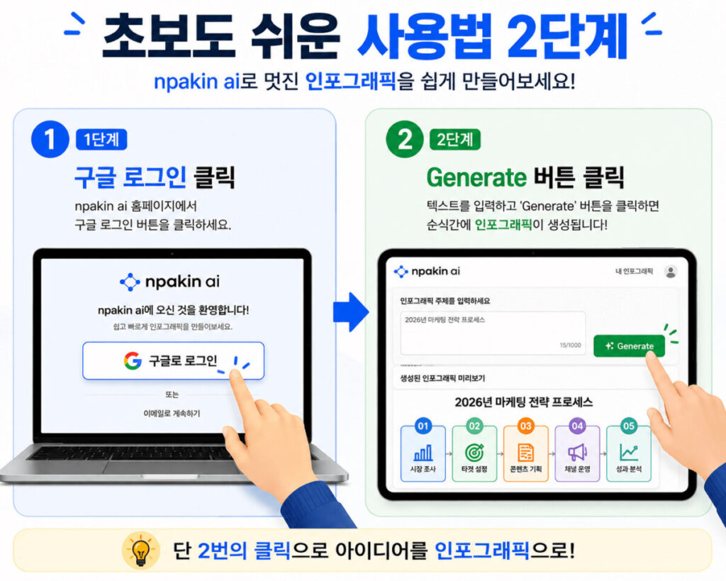 pakin AI를 이용해 인포그래픽을 만드는 방법을 2단계로 설명한 인포그래픽으로 구글 로그인 후 텍스트를 입력하고 Generate 버튼을 눌러 인포그래픽을 생성하는 과정을 보여주는 이미지