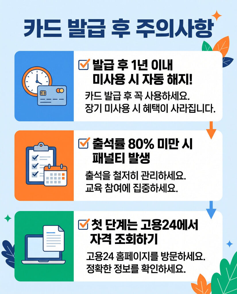 직장인 내일배움카드 신청 관련하여 카드 발급후 주의사항에 대한 내용입니다. 아래로 3개의 컬러 박스에 [✔] 발급 후 1년 이내 미사용 시 자동 해지!, [✔] 출석률 80% 미만 시 패널티 발생, [✔] 첫 단계는 고용24에서 자격 조회하기 내용이 수직으로 배열되어 있습니다.