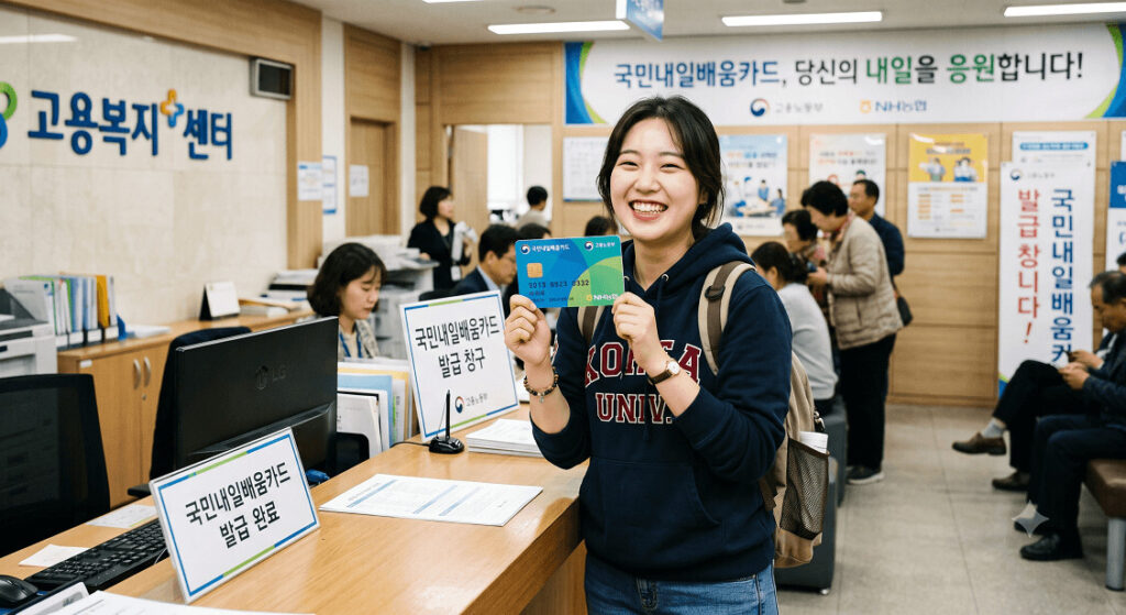대학생이 국민내일배움카드를 발급받은 후 환하게 웃고 있는 모습.